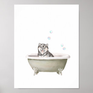 Bathroom Wall Art, Shiba Inu dog in a bathtub Post Poster
