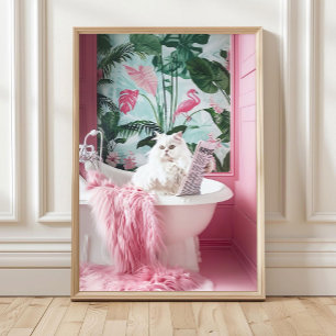 Bathroom White Cat in Bathtub Print, Funny Poster, Poster