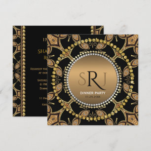 Batik Art Deco Black Gold Monogram Party Invite