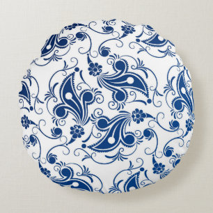 Batik Blue and White Illustrated Floral Pattern Round Cushion