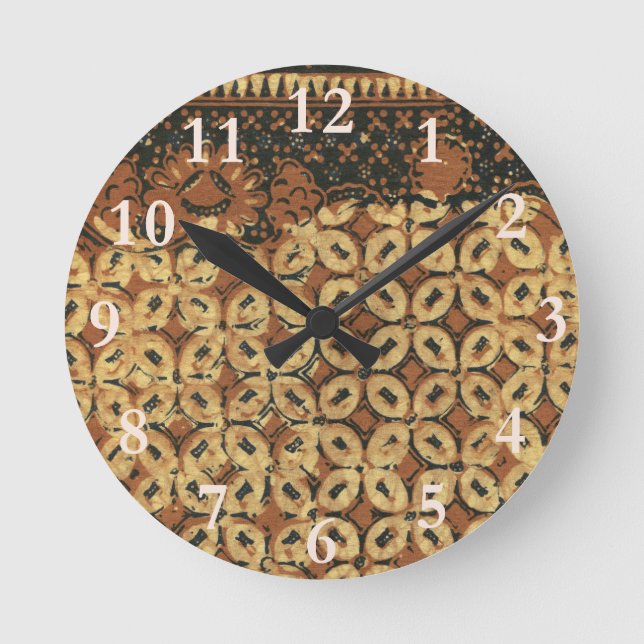 Batik Earthy Coffee Bean Elegant Rustic Rugged Round Clock (Front)