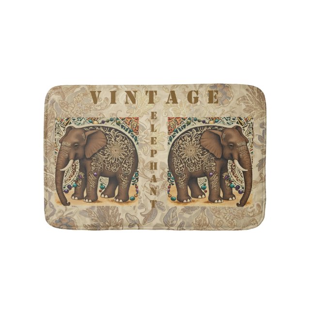 Batik,Elephant,Antique ,Vintage Style, Brown Bath Mat (Front)