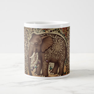 Batik,Elephant,Antique ,Vintage Style, Brown Large Coffee Mug