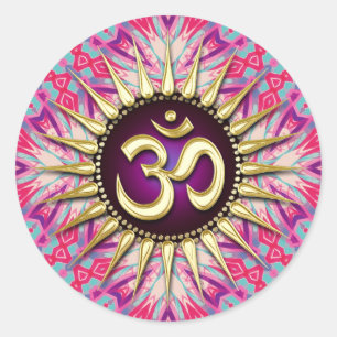 Batik Fuchsia Pink Purple & Sunshine Om Classic Round Sticker