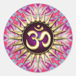 Batik Fuchsia Pink Purple & Sunshine Om Classic Round Sticker