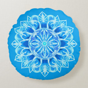 Batik Mandala Flower in Turquoise Round Cushion