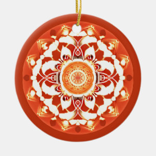 Batik Mandala Pattern in Rust Red  Ceramic Tree Decoration