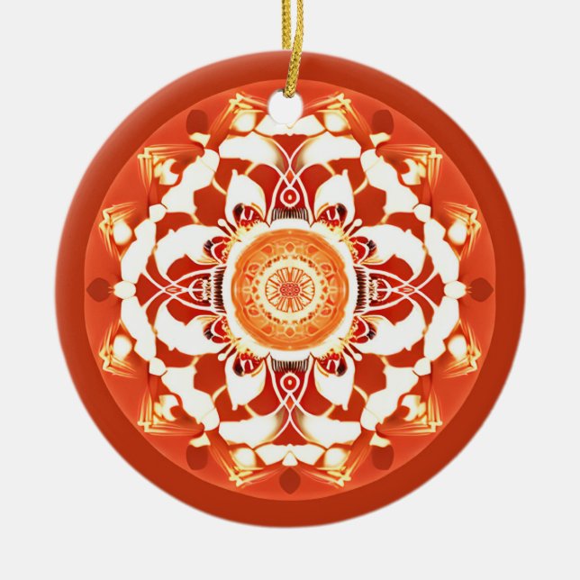 Batik Mandala Pattern in Rust Red  Ceramic Tree Decoration (Front)