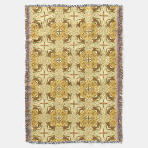 Batik Mandala Pattern Mustard Gold and Brown Throw Blanket