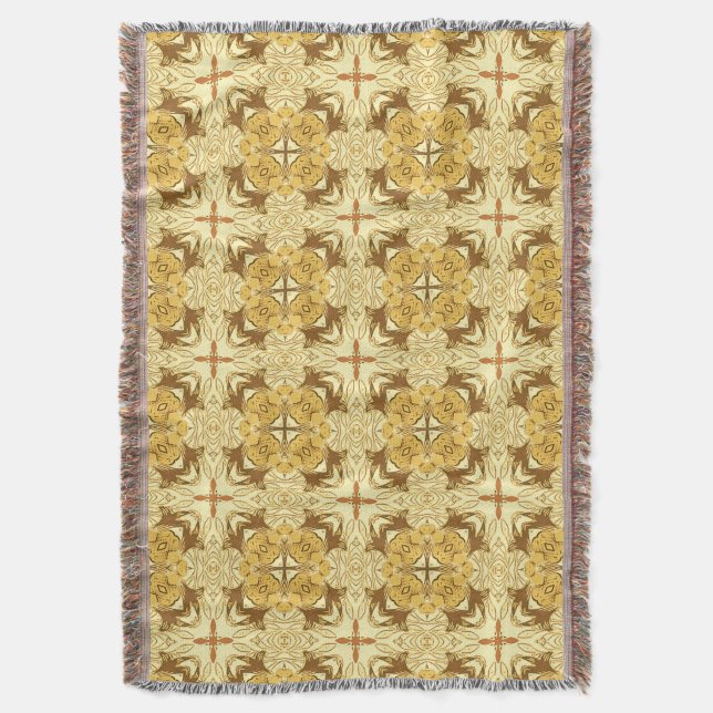 Batik Mandala Pattern Mustard Gold and Brown   Throw Blanket (Front Vertical)