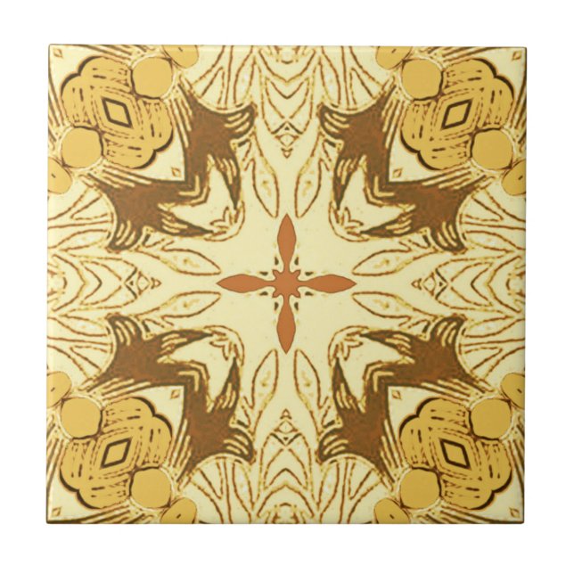 Batik Mandala Pattern Mustard Gold and Brown   Tile (Front)