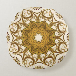 Batik Mandala Pattern Mustard Gold and Cream   Round Cushion