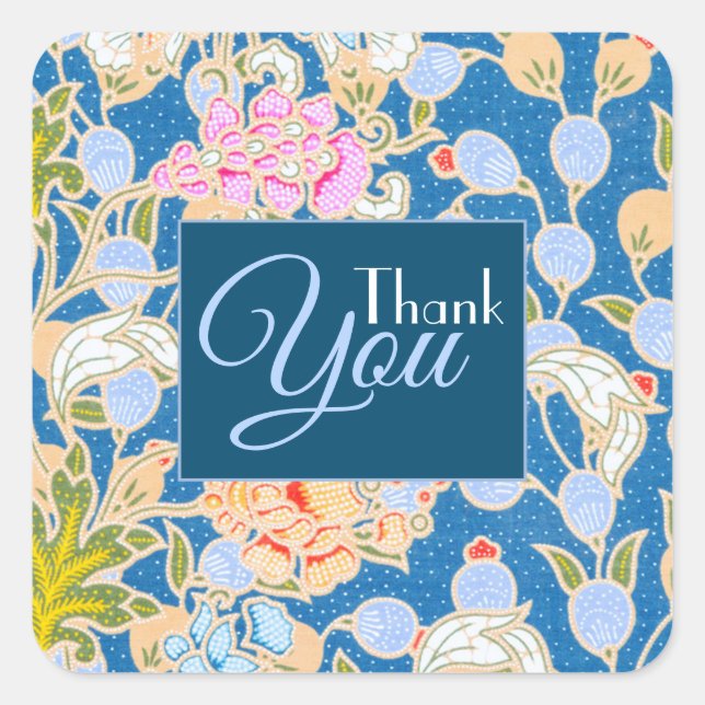 Batik Style Flowers Blue Background Thank You  Square Sticker (Front)