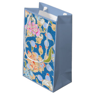 Batik Style Pattern Dots Flowers Blue Background  Small Gift Bag