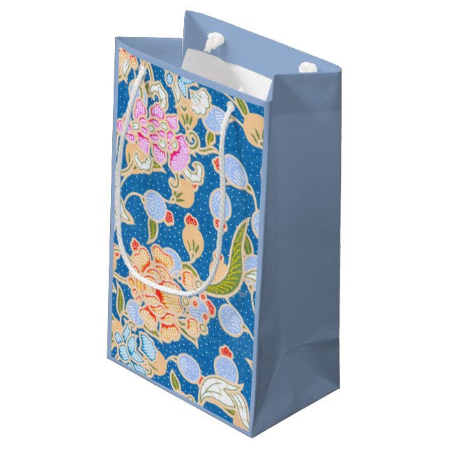  Batik Style Pattern Dots Flowers Blue Background  Small Gift Bag (Back Angled)