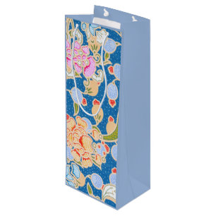  Batik Style Pattern Dots Flowers Blue Background  Wine Gift Bag