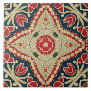 Batik-style Tiles, floral pattern, red, blue beige Tile
