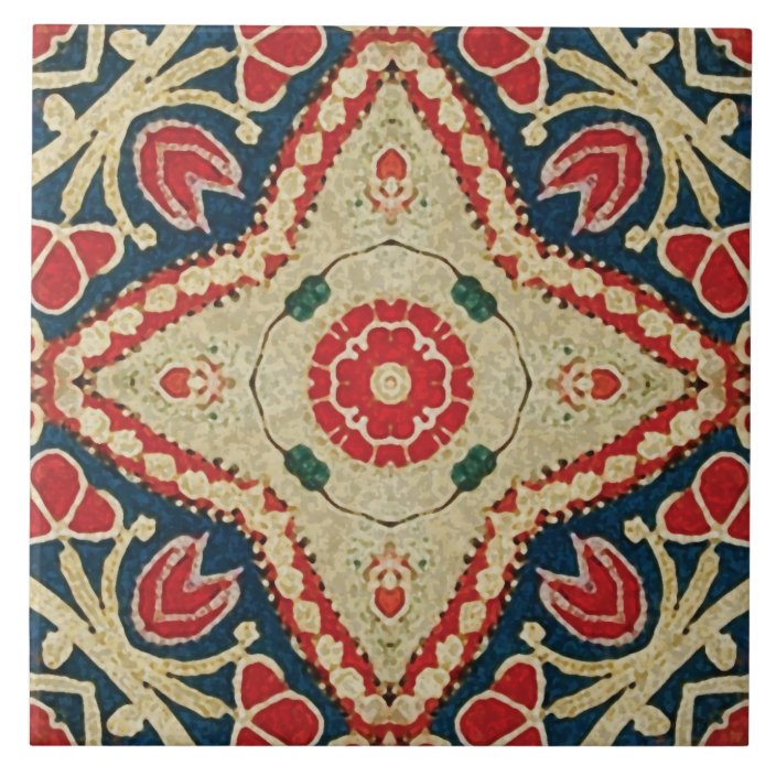 Batik-style Tiles, floral pattern, red, blue beige Tile | Zazzle.co.uk
