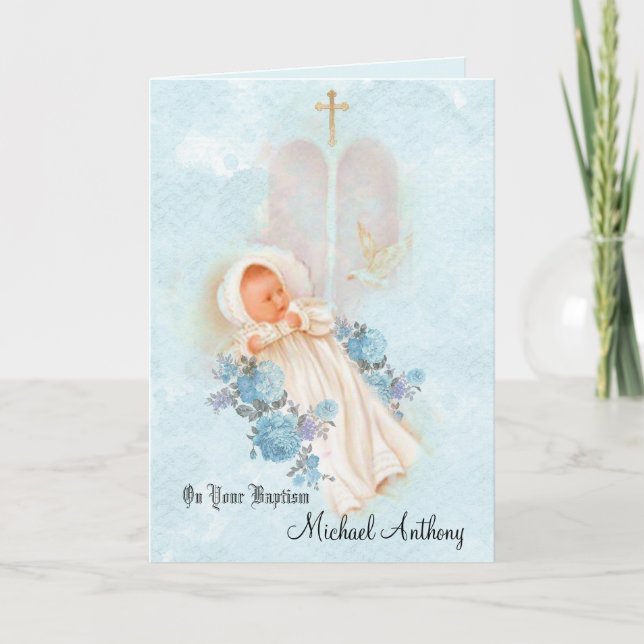 Batismal Baby Boy Christening Cross Dove Card (Front)