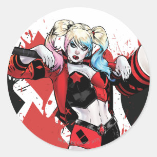 Batman   Harley Quinn Hearts & Diamonds Splatter Classic Round Sticker