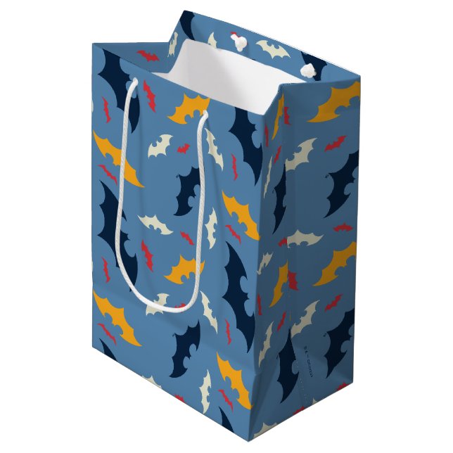 Batman | Red, Blue, and Yellow Bat Logo Pattern Medium Gift Bag (Front Angled)