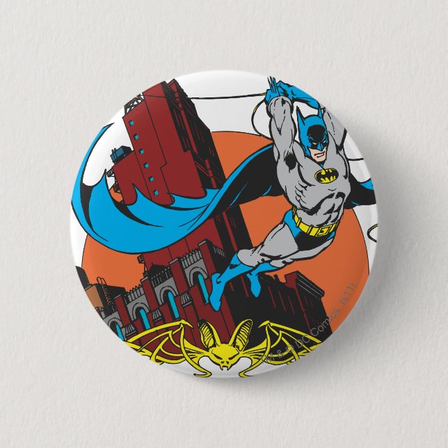 Batman Swings From Skyscraper 2 6 Cm Round Badge (Front)