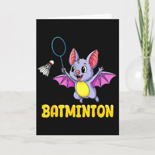 Batminton Funny Cartoon Bat Playing Badminton Pun  Card