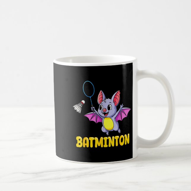 Batminton Funny Cartoon Bat Playing Badminton Pun  Coffee Mug (Right)