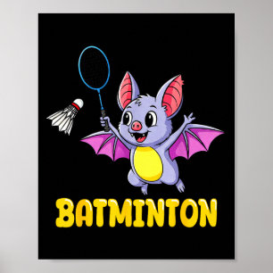 Batminton Funny Cartoon Bat Playing Badminton Pun Poster