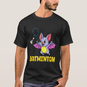 Batminton Funny Cartoon Bat Playing Badminton Pun T-Shirt