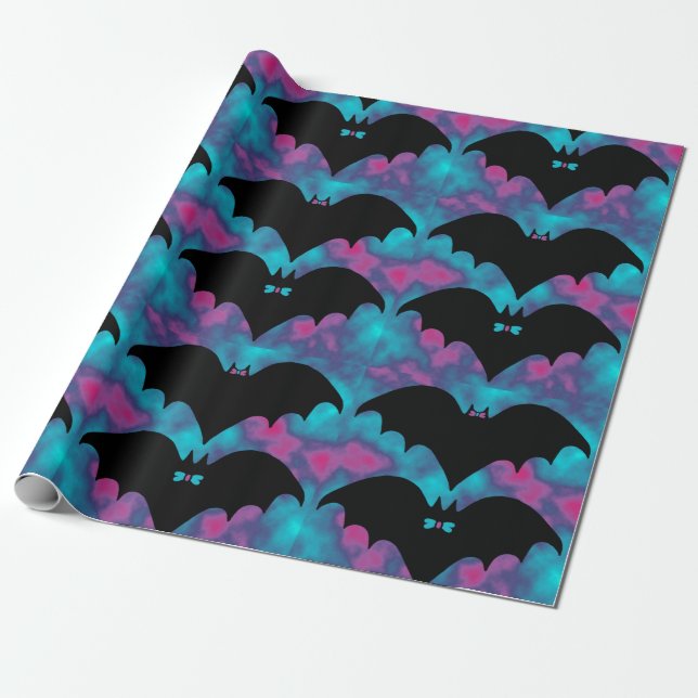 Bats And Bows Blue Pink Wrapping Paper (Unrolled)