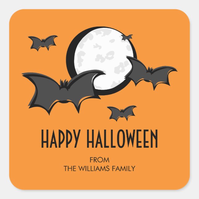 Bats and Moon Halloween Square Sticker Orange (Front)