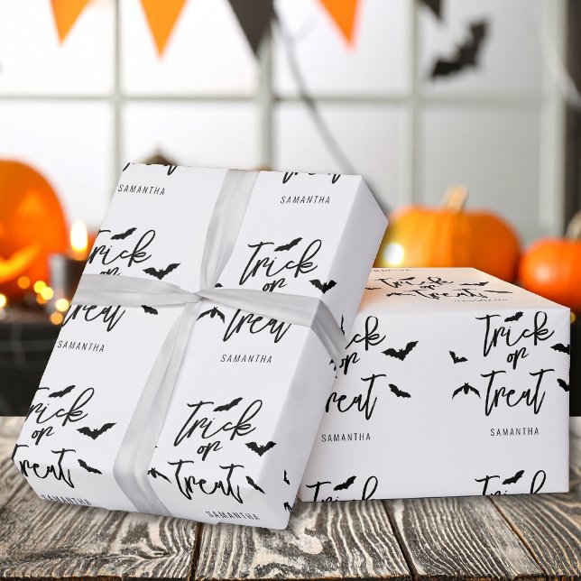 Bats And Trick Or Treat Script Text Halloween Wrapping Paper (Creator Uploaded)