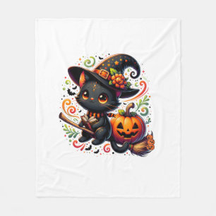 Bats Black Cat Witch Hat Wand Pumpkin Cute Hallowe Fleece Blanket