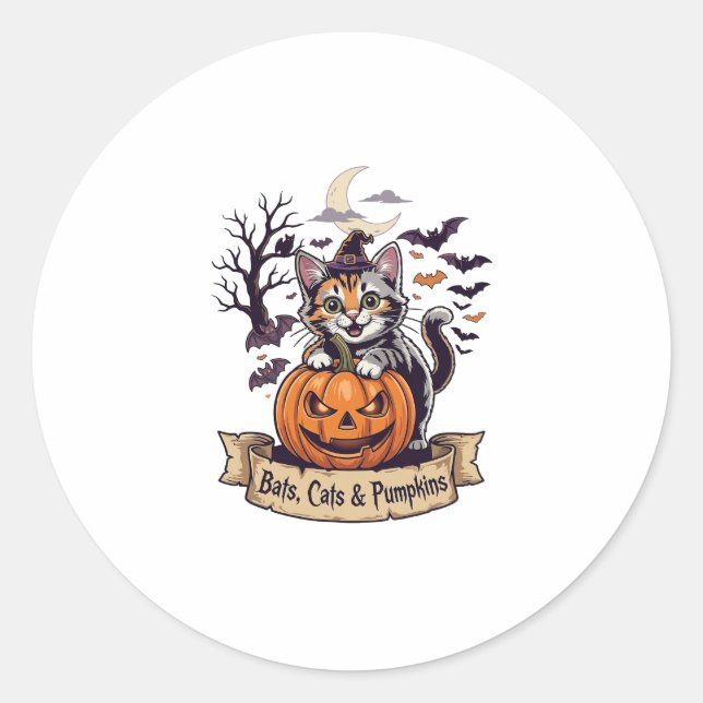 Bats Cats Pumpkins Halloween Witch Cat Spooky Tree Classic Round Sticker (Front)
