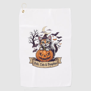 Bats Cats Pumpkins Halloween Witch Cat Spooky Tree Golf Towel
