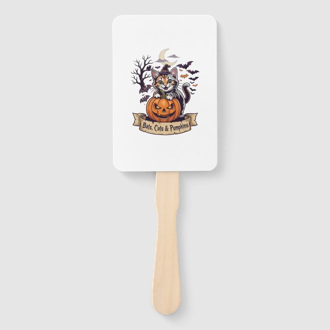 Bats Cats Pumpkins Halloween Witch Cat Spooky Tree Hand Fan (Front)