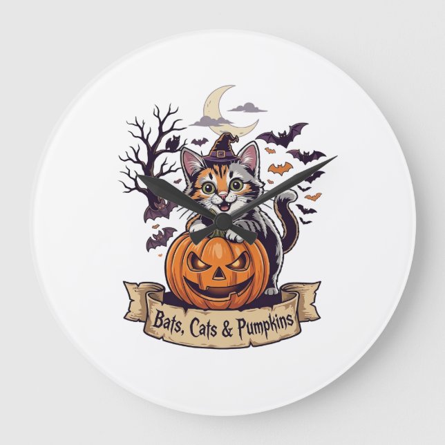 Bats Cats Pumpkins Halloween Witch Cat Spooky Tree Large Clock (Front)