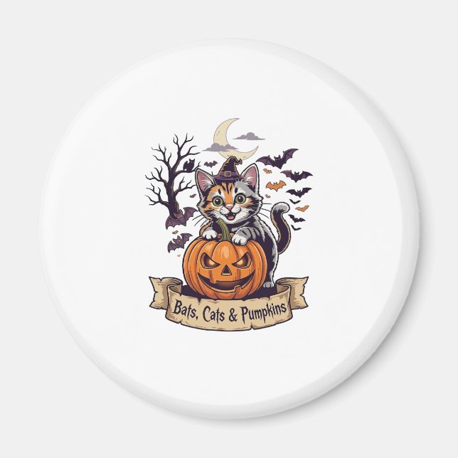 Bats Cats Pumpkins Halloween Witch Cat Spooky Tree Magnet (Front)