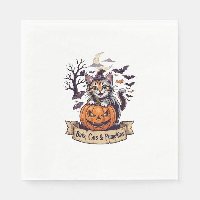Bats Cats Pumpkins Halloween Witch Cat Spooky Tree Napkin (Front)