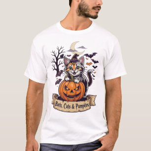 Bats Cats Pumpkins Halloween Witch Cat Spooky Tree T-Shirt