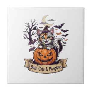 Bats Cats Pumpkins Halloween Witch Cat Spooky Tree Tile