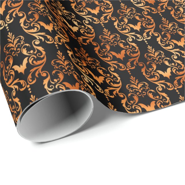 Bats Damask Spooky Copper Black Halloween Pattern Wrapping Paper (Roll Corner)