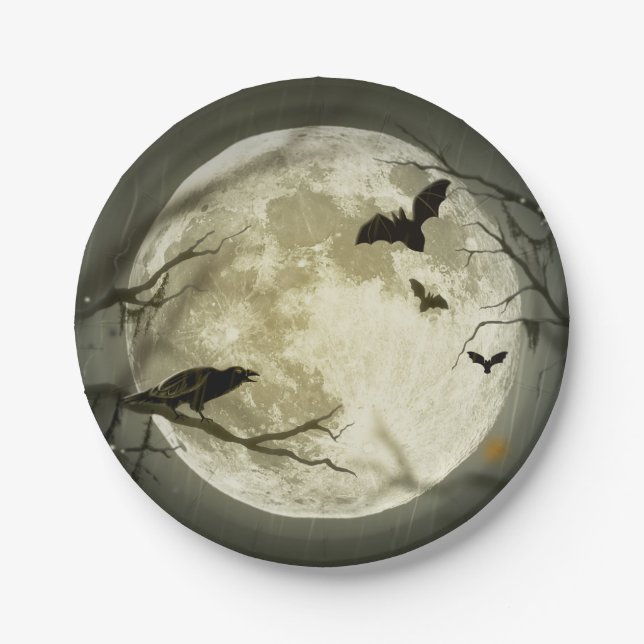 Bats fly Crow sits in Front of Halloween Full Moon Paper Plate (Front)