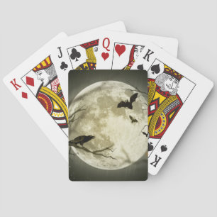 Bats fly Crow sits in Front of Halloween Full Moon Playing Cards