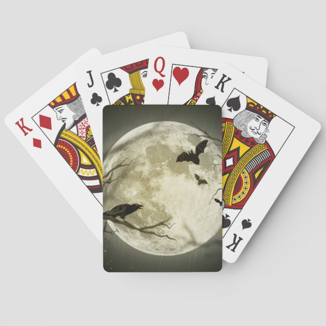 Bats fly Crow sits in Front of Halloween Full Moon Playing Cards (Back)