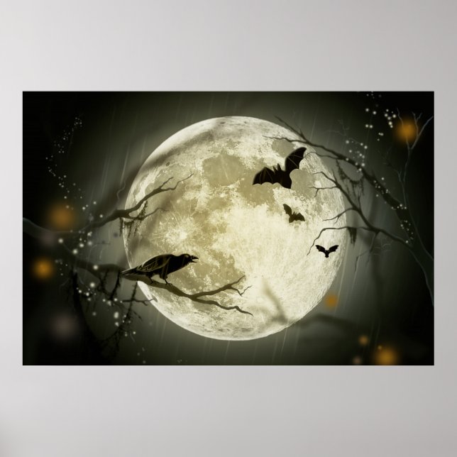 Bats fly Crow sits in Front of Halloween Full Moon Poster (Front)