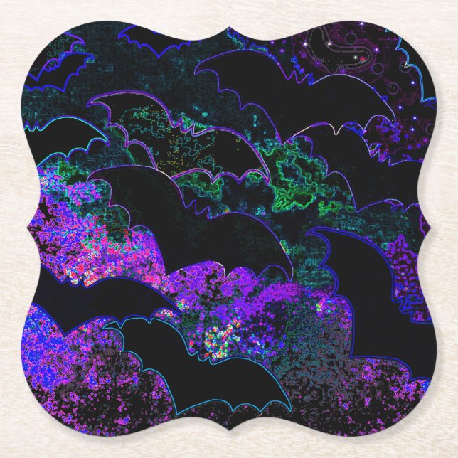 Bats In Flight Neon Purple Paper Coaster (Front)