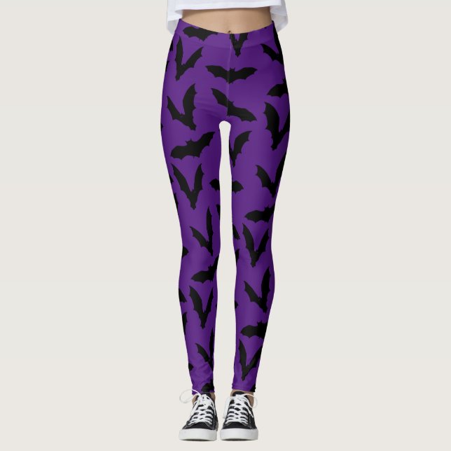 Bats On Purple Halloween Leggings (Front)