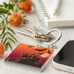 Bats Over Haunted House Keychain